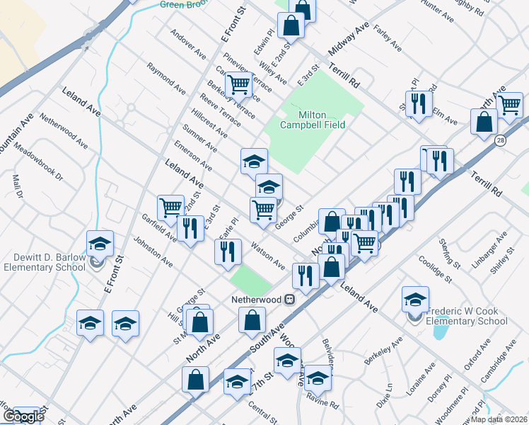 map of restaurants, bars, coffee shops, grocery stores, and more near 353 Emerson Avenue in Plainfield