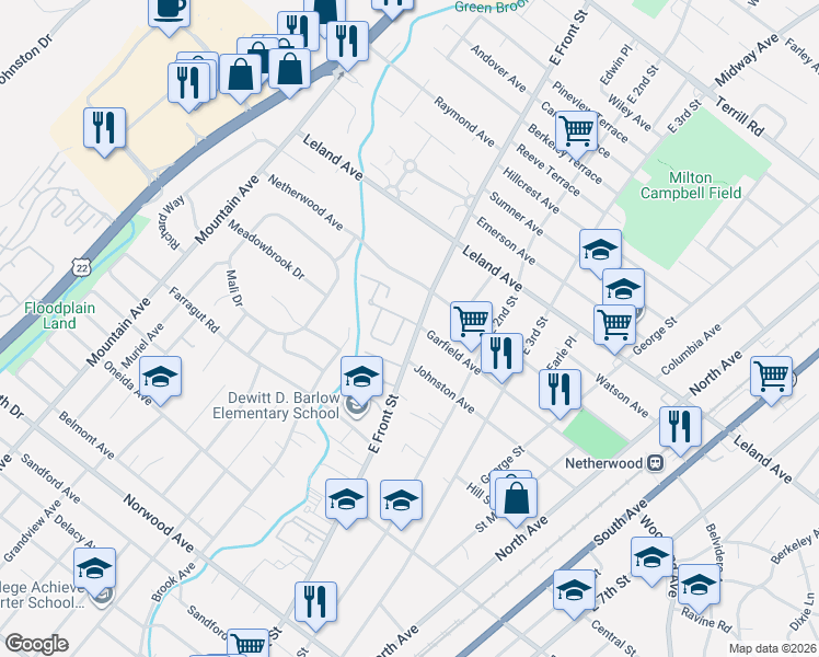 map of restaurants, bars, coffee shops, grocery stores, and more near 955 East Front Street in Plainfield