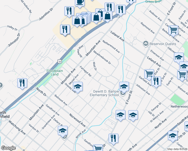 map of restaurants, bars, coffee shops, grocery stores, and more near 50 Mali Drive in North Plainfield