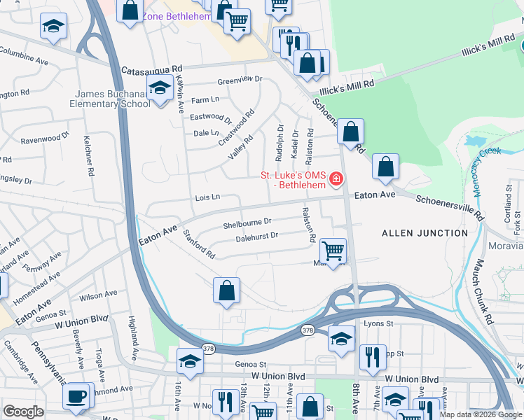 map of restaurants, bars, coffee shops, grocery stores, and more near 1300 Eaton Avenue in Bethlehem
