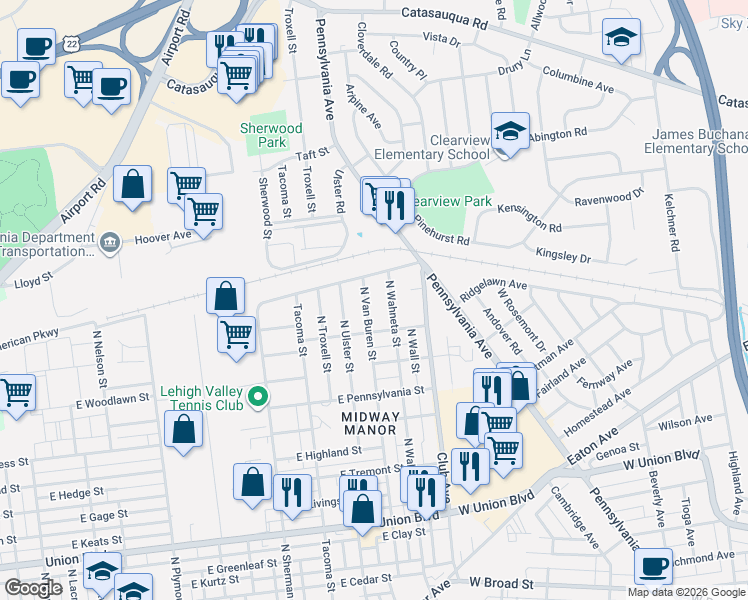 map of restaurants, bars, coffee shops, grocery stores, and more near 1353 North Van Buren Street in Allentown