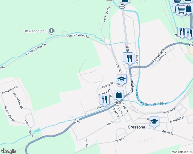 map of restaurants, bars, coffee shops, grocery stores, and more near 11 Harmony Hill in Cressona