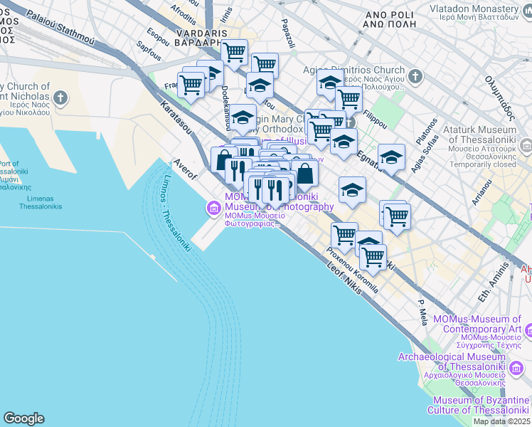 map of restaurants, bars, coffee shops, grocery stores, and more near in Thessaloniki