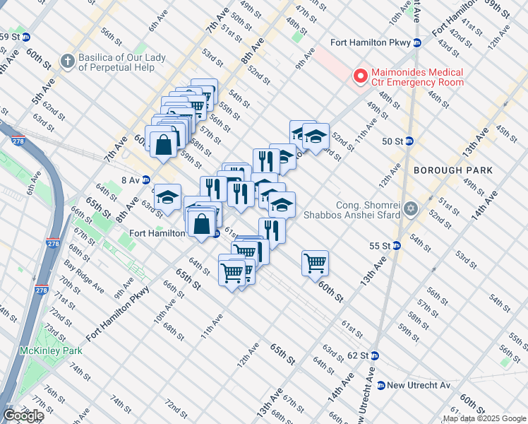 map of restaurants, bars, coffee shops, grocery stores, and more near 1031 59th Street in Brooklyn