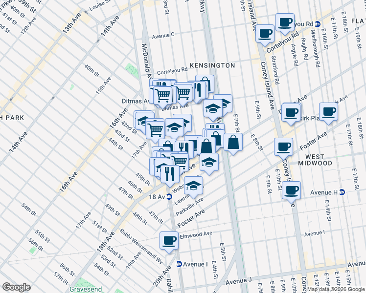 map of restaurants, bars, coffee shops, grocery stores, and more near 749 East 3rd Street in Brooklyn