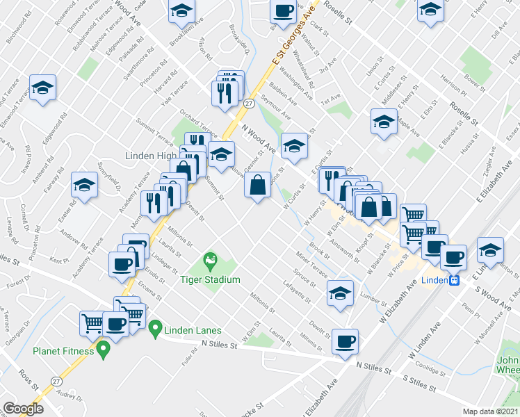 map of restaurants, bars, coffee shops, grocery stores, and more near 116 West Gibbons Street in Linden