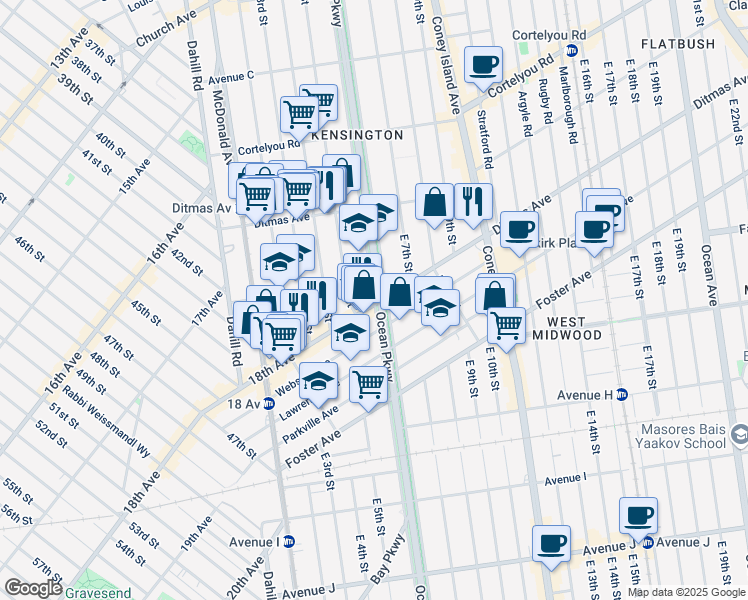 map of restaurants, bars, coffee shops, grocery stores, and more near 622 Ocean Parkway in Brooklyn