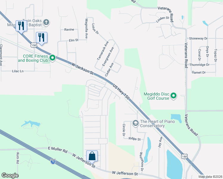 map of restaurants, bars, coffee shops, grocery stores, and more near 101-199 East Sassafras Drive in Morton