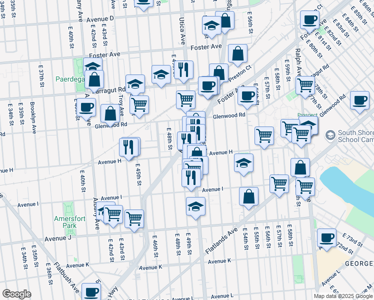 map of restaurants, bars, coffee shops, grocery stores, and more near 4930 Kings Highway in Brooklyn