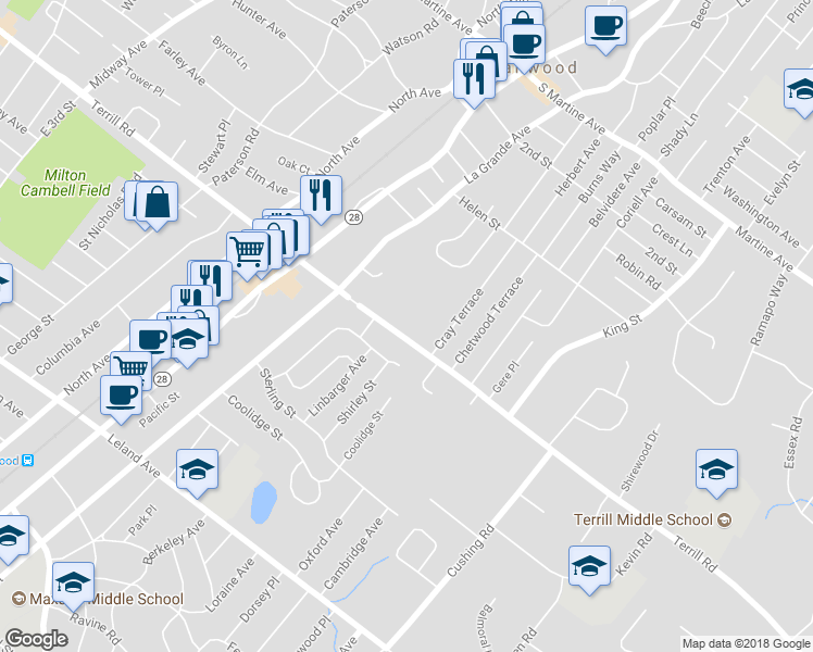 map of restaurants, bars, coffee shops, grocery stores, and more near 519 Terrill Road in Fanwood