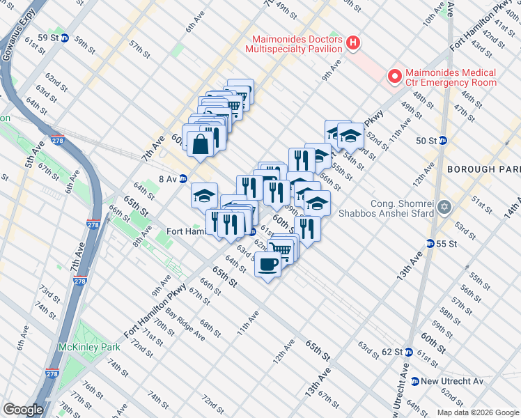 map of restaurants, bars, coffee shops, grocery stores, and more near 5912 Fort Hamilton Parkway in Brooklyn