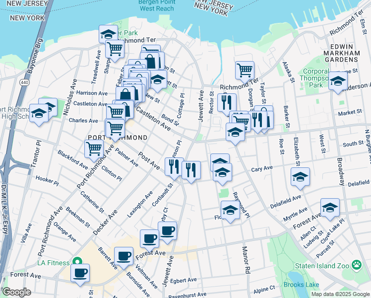 map of restaurants, bars, coffee shops, grocery stores, and more near 152 Jewett Avenue in Staten Island