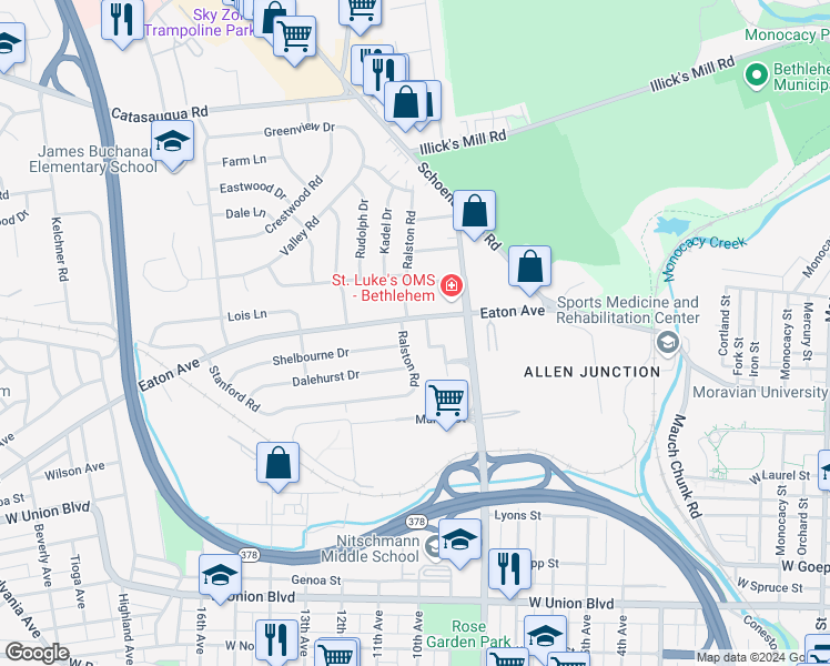 map of restaurants, bars, coffee shops, grocery stores, and more near 1107 Eaton Avenue in Bethlehem