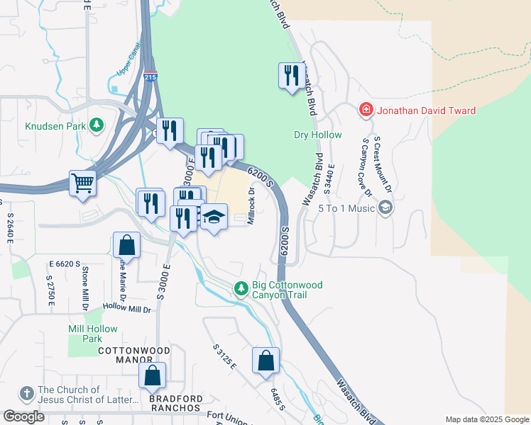 map of restaurants, bars, coffee shops, grocery stores, and more near 6510 Millrock Drive in Holladay