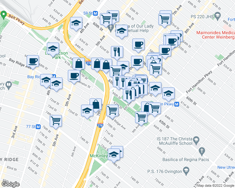 map of restaurants, bars, coffee shops, grocery stores, and more near 66th Street in Brooklyn