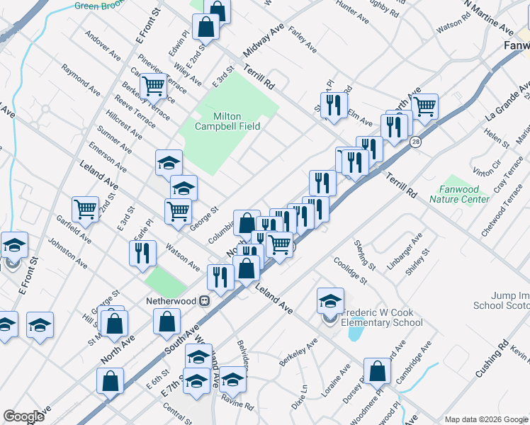 map of restaurants, bars, coffee shops, grocery stores, and more near 1312 Columbia Avenue in Plainfield