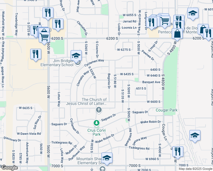 map of restaurants, bars, coffee shops, grocery stores, and more near 5238 Begonia Way in West Jordan