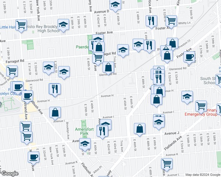 map of restaurants, bars, coffee shops, grocery stores, and more near East 43rd Street in Brooklyn
