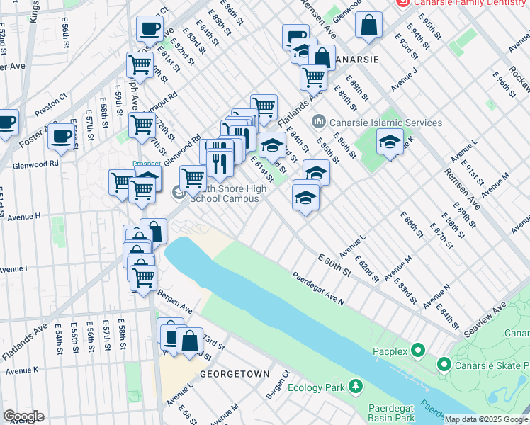 map of restaurants, bars, coffee shops, grocery stores, and more near 1017 East 80th Street in Brooklyn