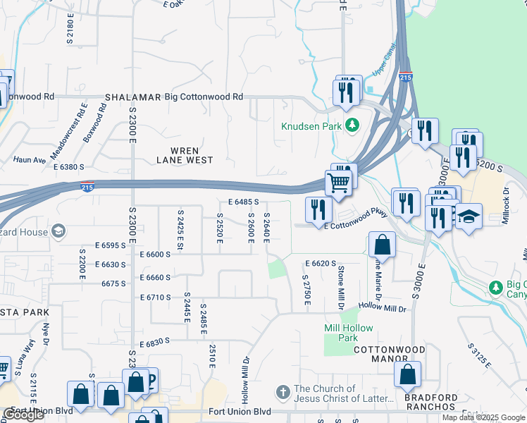 map of restaurants, bars, coffee shops, grocery stores, and more near 6489 South 2600 East in Cottonwood Heights