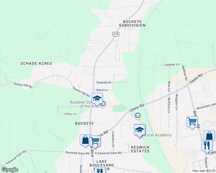 map of restaurants, bars, coffee shops, grocery stores, and more near 3402-3498 Snavely Drive in Redding