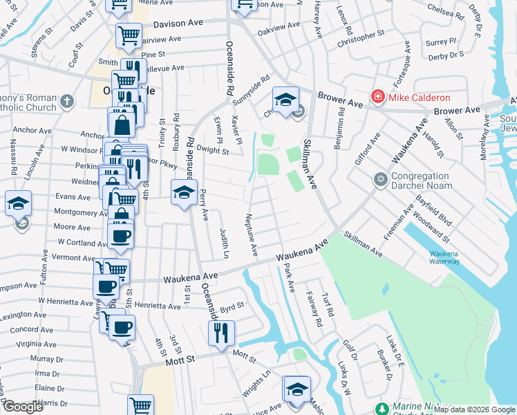 map of restaurants, bars, coffee shops, grocery stores, and more near 269 Arch Street in Oceanside