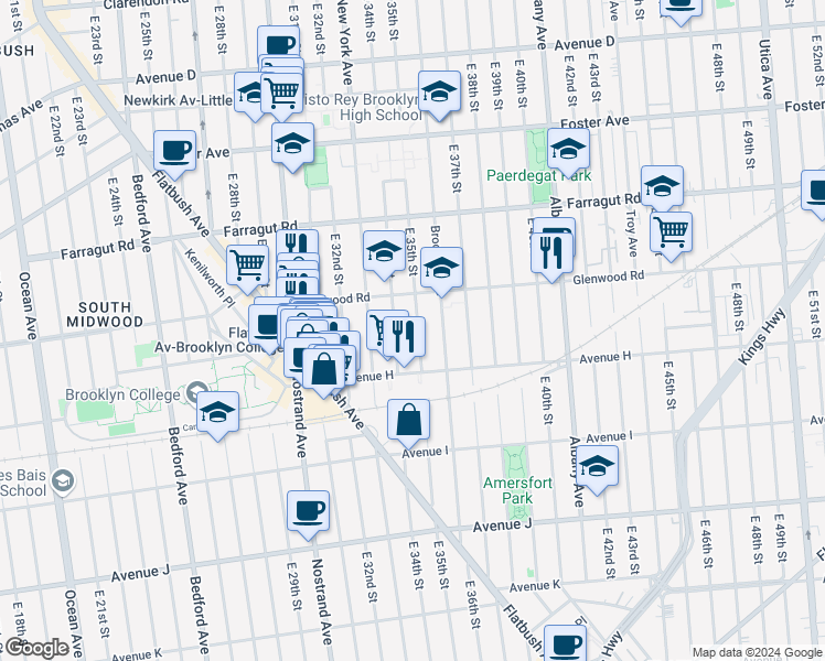 map of restaurants, bars, coffee shops, grocery stores, and more near 867 East 35th Street in Brooklyn
