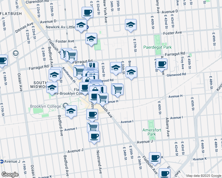 map of restaurants, bars, coffee shops, grocery stores, and more near 729 East 32nd Street in Brooklyn