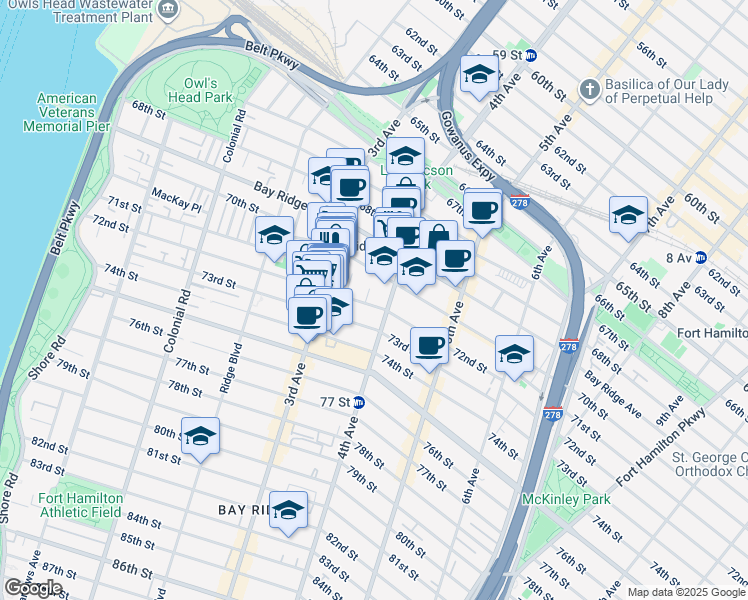 map of restaurants, bars, coffee shops, grocery stores, and more near 7112 Bennet Court in Brooklyn
