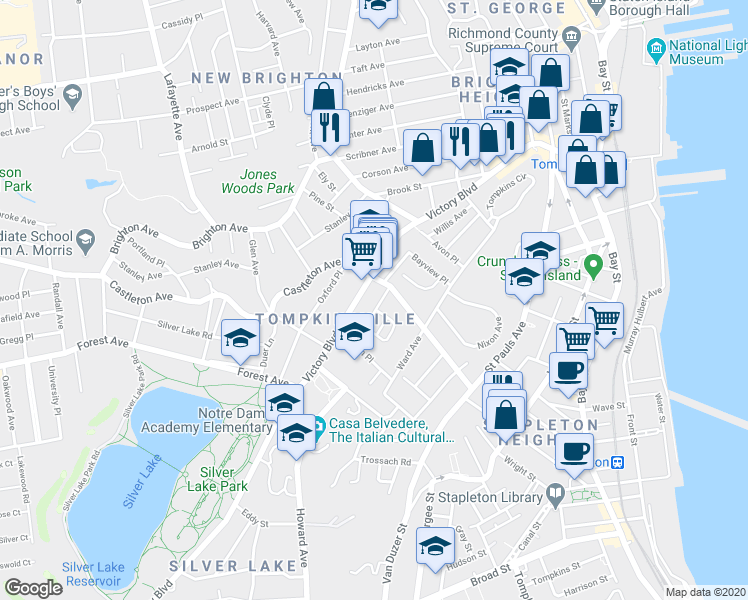 map of restaurants, bars, coffee shops, grocery stores, and more near 1 Chester Place in Staten Island