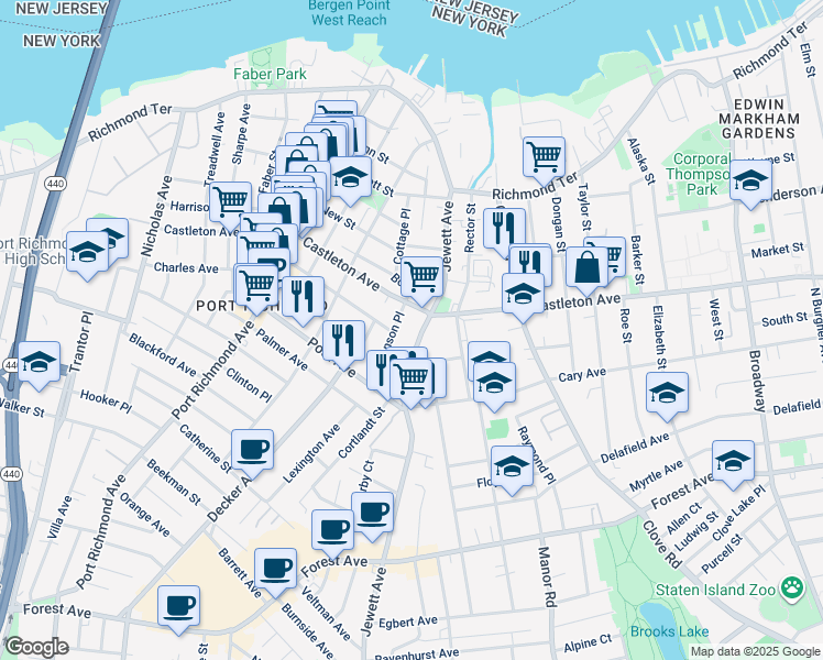 map of restaurants, bars, coffee shops, grocery stores, and more near 152 Jewett Avenue in Staten Island