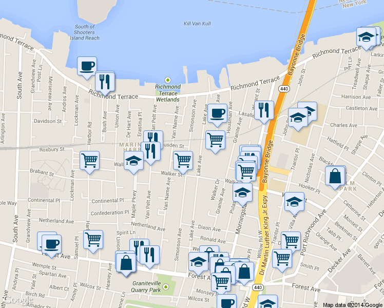 map of restaurants, bars, coffee shops, grocery stores, and more near 134 Lake Avenue in Staten Island