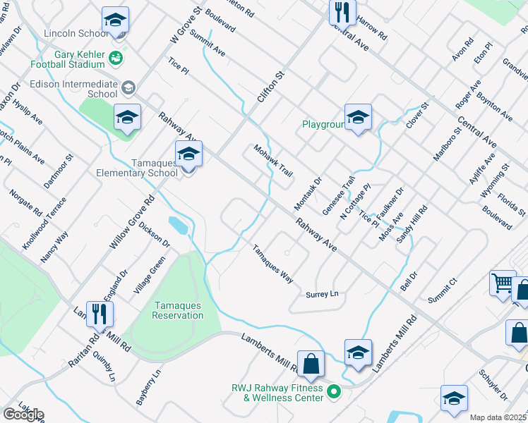 map of restaurants, bars, coffee shops, grocery stores, and more near 4 Tamaques Way in Westfield