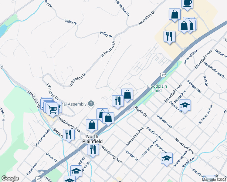 map of restaurants, bars, coffee shops, grocery stores, and more near 22 West Drive in Watchung