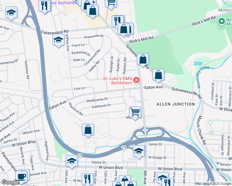 map of restaurants, bars, coffee shops, grocery stores, and more near 1210 Eaton Avenue in Bethlehem