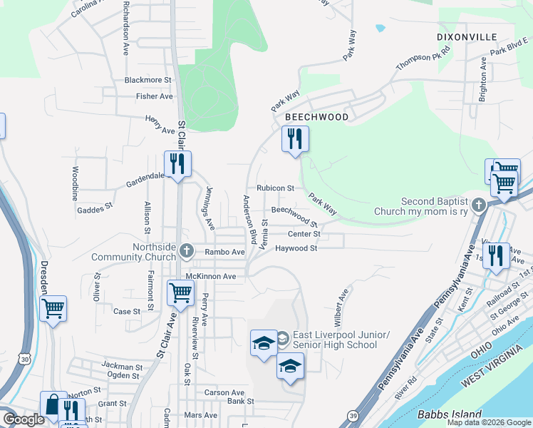 map of restaurants, bars, coffee shops, grocery stores, and more near 131 Beechwood Street in East Liverpool