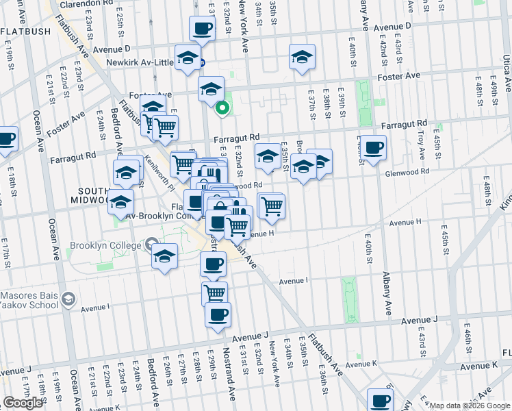map of restaurants, bars, coffee shops, grocery stores, and more near 729 East 32nd Street in Brooklyn