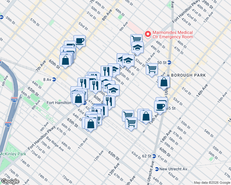 map of restaurants, bars, coffee shops, grocery stores, and more near 1051 58th Street in Brooklyn