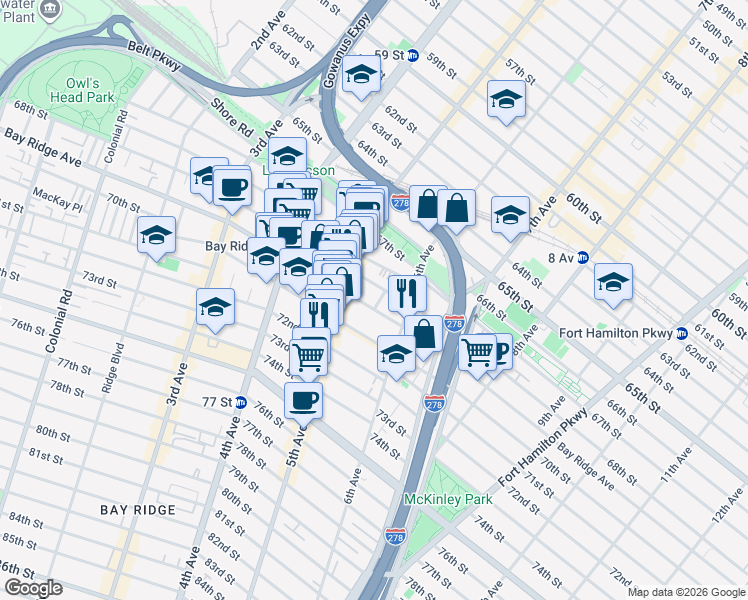 map of restaurants, bars, coffee shops, grocery stores, and more near 559 68th Street in Brooklyn