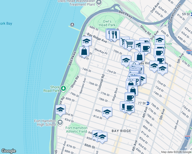 map of restaurants, bars, coffee shops, grocery stores, and more near 74A 74th Street in Brooklyn