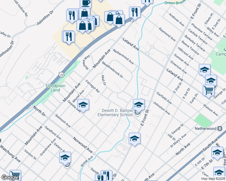 map of restaurants, bars, coffee shops, grocery stores, and more near 91 Meadowbrook Road in North Plainfield
