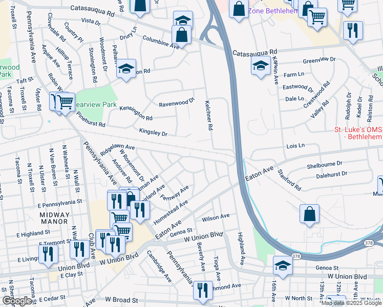 map of restaurants, bars, coffee shops, grocery stores, and more near 1868 Eastman Avenue in Bethlehem