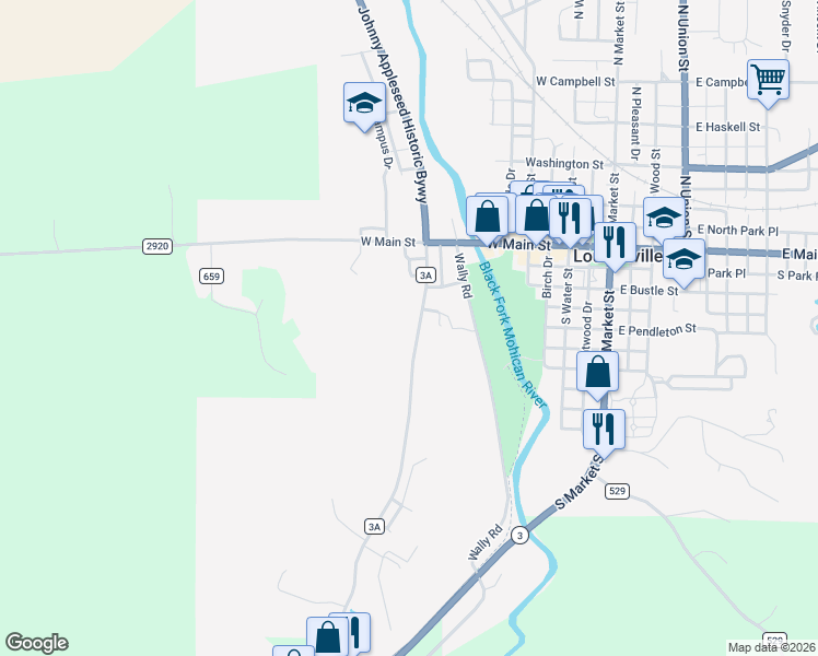 map of restaurants, bars, coffee shops, grocery stores, and more near 302 County Road 3A in Loudonville