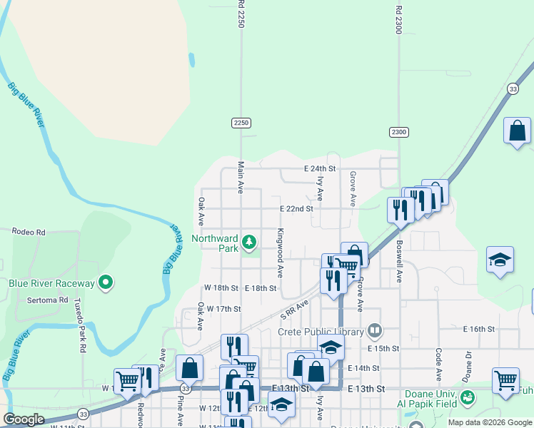 map of restaurants, bars, coffee shops, grocery stores, and more near 2206 Linden Avenue in Crete