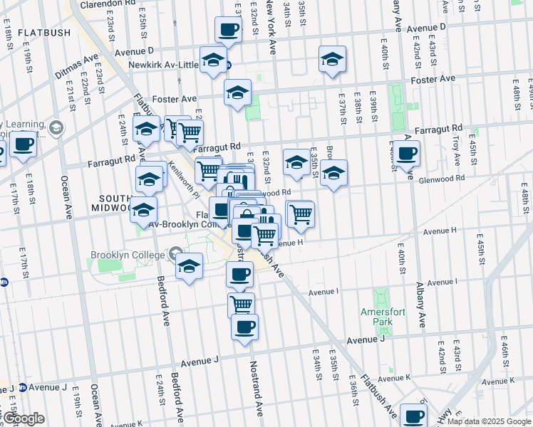 map of restaurants, bars, coffee shops, grocery stores, and more near 730 East 32nd Street in Brooklyn