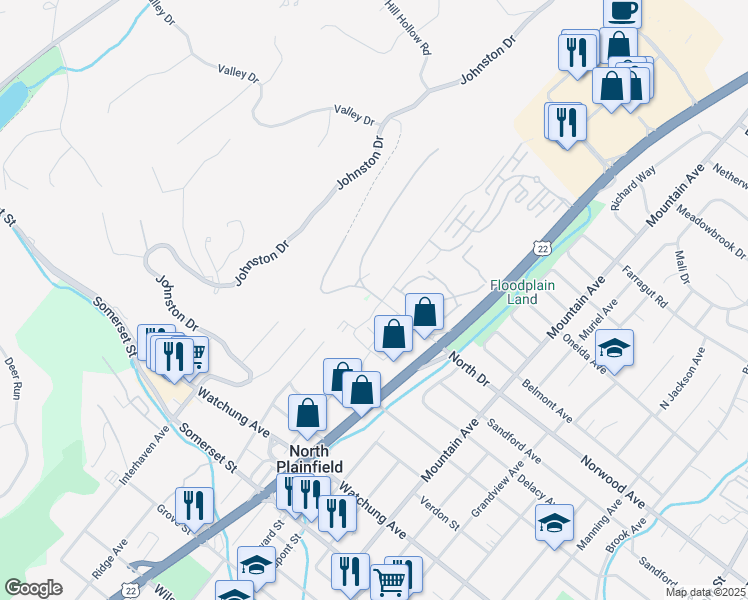 map of restaurants, bars, coffee shops, grocery stores, and more near 375 North Drive in Plainfield