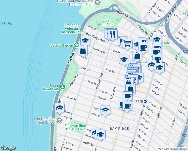 map of restaurants, bars, coffee shops, grocery stores, and more near 74A 74th Street in Brooklyn