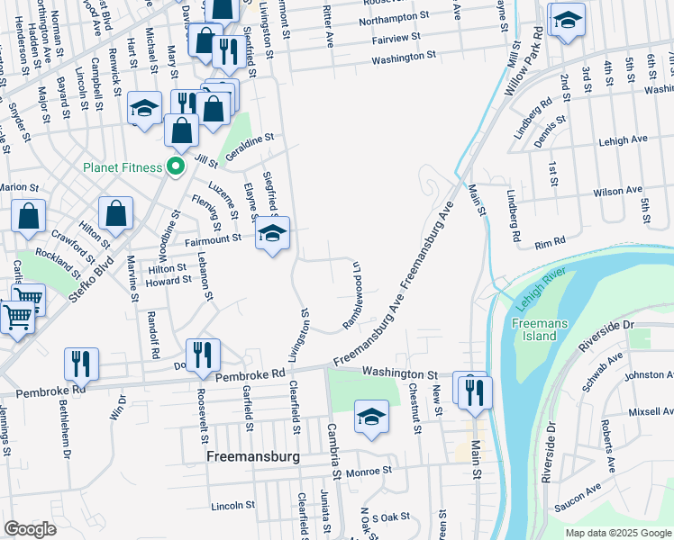 map of restaurants, bars, coffee shops, grocery stores, and more near 601 Abbe Court in Freemansburg