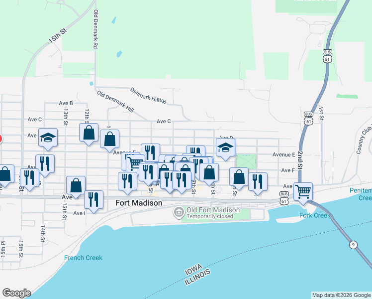 map of restaurants, bars, coffee shops, grocery stores, and more near 414 8th St in Fort Madison