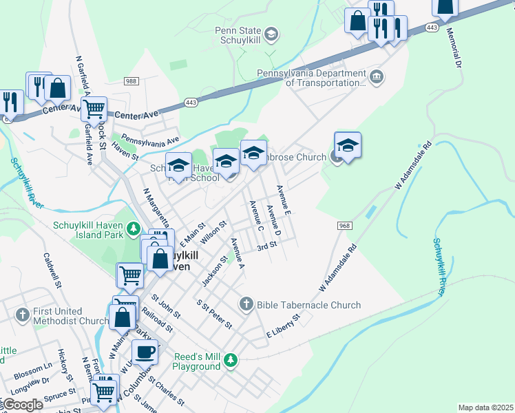 map of restaurants, bars, coffee shops, grocery stores, and more near 57 Avenue C in Schuylkill Haven